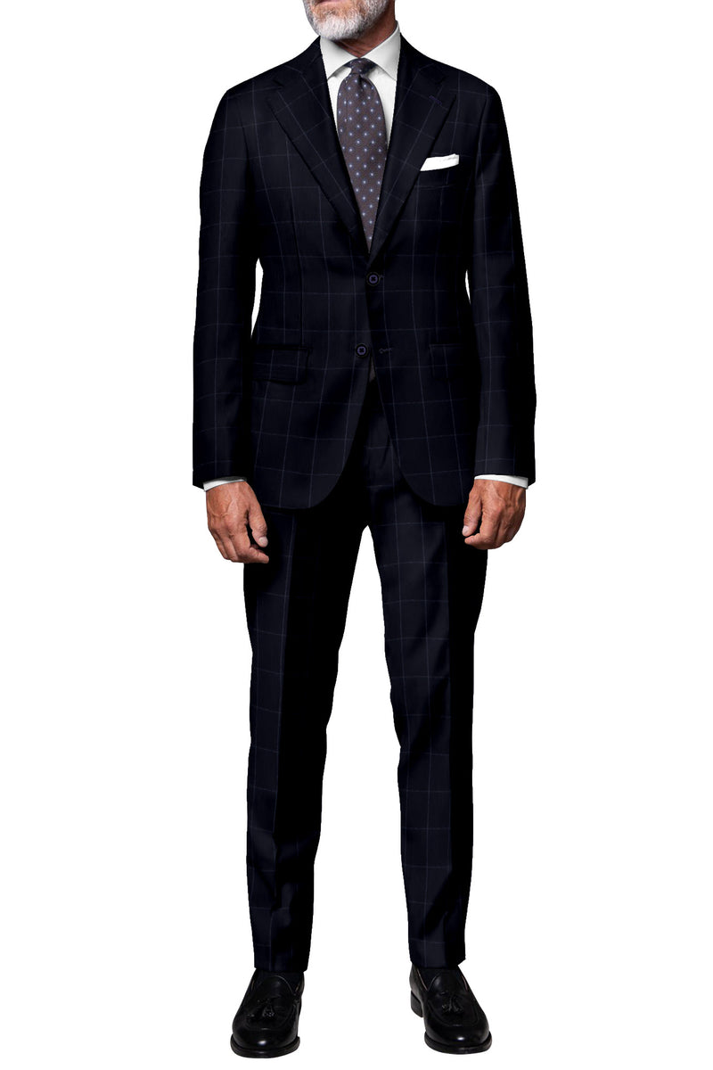 Image of a Navy-Blue & Silver Flannel Checks Merino Wool Suiting Fabric