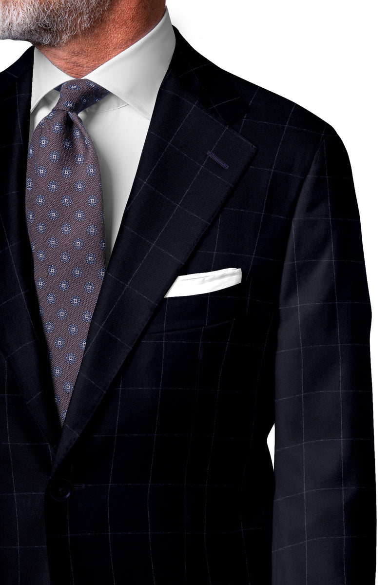 Image of a Navy-Blue & Silver Flannel Checks Merino Wool Suiting Fabric