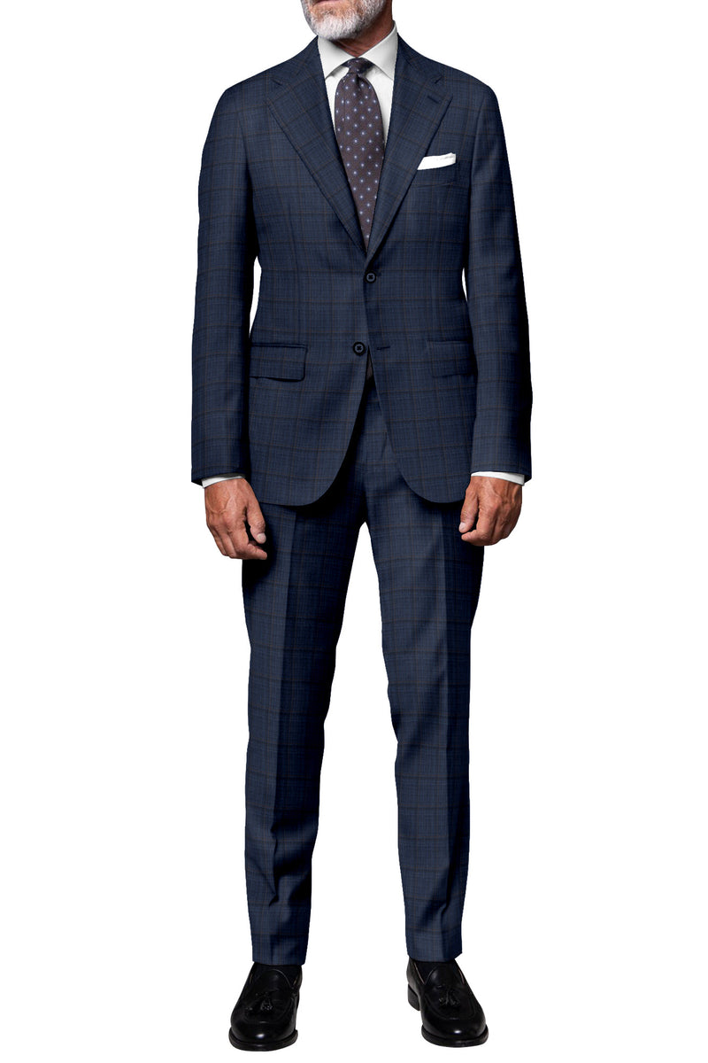 Image of a Navy-Blue & Sky-Blue Worsted Checks Merino Wool Pants Fabric