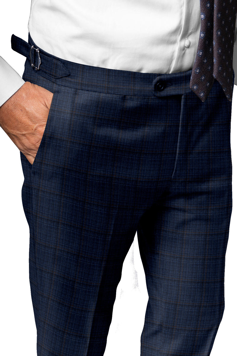 Image of a Navy-Blue & Sky-Blue Worsted Checks Merino Wool Pants Fabric