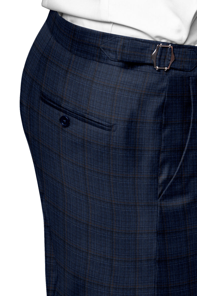 Image of a Navy-Blue & Sky-Blue Worsted Checks Merino Wool Pants Fabric
