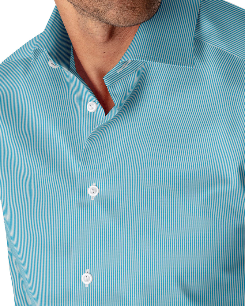 Image of a Turquoise & White Poplin Stripes Giza Cotton Shirting Fabric